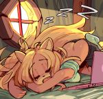  2020 activision anthro bandicoot bed blonde_hair bottomwear butt butt_cleavage clothed clothing coco_bandicoot computer crash_bandicoot_(series) eyes_closed female furniture hair inside laptop legwear long_hair mammal marsupial on_bed open_mouth pants shirt sleeping socks solo sound_effects topwear video_games wamudraws window zzz 