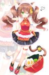  1girl ;d animal_ears bangs bare_shoulders bell black_bow black_skirt blush bow brown_hair cat_ears cat_girl cat_tail china_dress chinese_clothes commentary_request dress egg eyebrows_visible_through_hair flower food frilled_skirt frills garlic green_eyes hair_between_eyes hair_flower hair_ornament hand_up heart highres jingle_bell long_hair looking_at_viewer noodles one_eye_closed open_mouth original pleated_skirt ramen red_dress red_flower red_footwear shikito shoes sidelocks simple_background skirt sleeveless sleeveless_dress smile solo spoon tail tail_bell tail_bow twintails very_long_hair white_background wrist_cuffs zoom_layer 