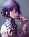  1boy candy candy_apple chain checkered commentary_request danganronpa eyebrows_visible_through_hair face food gradient gradient_background grey_background hair_between_eyes highres holding holding_candy holding_food huyuharu0214 jacket layered_sleeves long_sleeves looking_at_viewer male_focus new_danganronpa_v3 open_mouth ouma_kokichi purple_eyes purple_hair scarf signature sleeves_past_wrists smile solo super_danganronpa_2 upper_body white_jacket 