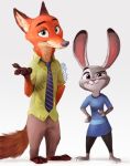  2016 anthro barefoot bottomwear canid canine clothed clothing disney duo fox fully_clothed fur gloves_(marking) green_eyes grey_body grey_fur hi_res judy_hopps lagomorph leporid looking_at_viewer mammal markings necktie nick_wilde orange_body orange_fur pants purple_eyes rabbit red_fox shirt shuploc signature simple_background smile standing topwear white_background zootopia 