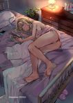  1girl ass bangs bare_arms bare_legs bare_shoulders barefoot blonde_hair blue_eyes blue_hairband blush breasts cellphone cleavage closed_mouth commentary_request daima_hmw dress eyebrows_visible_through_hair girls_frontline hairband hairband_removed highres large_breasts lying nose_blush on_bed on_side phone pillow pink_dress pink_footwear plant potted_plant sideboob sleeveless sleeveless_dress slippers soles solo strap_slip suomi_kp31_(girls_frontline) 