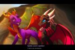  2020 activision back_spikes blakc_bars blue_eyes claws cynder day detailed_background digital_media_(artwork) dragon duo english_text feral head_spines hi_res horn membrane_(anatomy) membranous_wings open_mouth outside plaguedogs123 purple_body purple_scales scales scalie sitting sky smile spiked_tail spikes spikes_(anatomy) spines spyro spyro_the_dragon standing teeth text tongue video_games western_dragon wings 