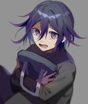  1boy bag black_jacket blurry_foreground commentary_request danganronpa grey_background hair_between_eyes highres holding holding_bag huyuharu0214 jacket long_hair long_sleeves looking_at_viewer lower_teeth male_focus new_danganronpa_v3 object_hug open_mouth ouma_kokichi purple_eyes purple_hair school_uniform shirt signature simple_background smile solo tears 