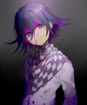  1boy arms_at_sides bangs black_background black_hair bleeding blood blood_on_face buttons checkered checkered_scarf commentary_request danganronpa grey_background hair_between_eyes highres huyuharu0214 looking_at_viewer male_focus multicolored_hair new_danganronpa_v3 ouma_kokichi pink_blood pink_hair purple_eyes purple_hair scarf signature smile solo straitjacket two-tone_background two-tone_hair 