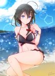  1girl absurdres adapted_costume ahoge artist_name baileys_(tranquillity650) beach bikini black_bikini blue_eyes blush braid breasts brown_hair cleavage closed_mouth collarbone day feet_out_of_frame hair_flaps highres kantai_collection long_hair medium_breasts navel ocean remodel_(kantai_collection) shigure_(kantai_collection) signature single_braid smile solo sun sunlight swimsuit twitter_username water 