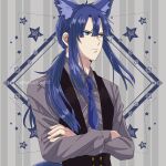  1boy animal_ears black_vest blue_eyes blue_hair blue_necktie cat_ears collared_shirt crossed_arms d.gray-man frown grey_background grey_shirt hair_between_eyes hair_over_shoulder hakahata18 highres kanda_yuu long_hair looking_to_the_side male_focus necktie ponytail shirt sidelocks signature solo square star_(symbol) striped_background twitter_username vertical-striped_background vest waistband 