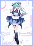  1girl :d alternate_costume apron black_shoes blue_border blue_dress blue_hair blue_socks blush border character_name cross-laced_shoes cupcake dress enmaided food frilled_apron frills full_body grid_background hashtag-only_commentary hatsune_miku highres holding holding_plate holding_spoon long_hair looking_at_viewer maid maid_headdress multiple_thigh_straps open_mouth plaid_clothes plaid_socks plate shoes short_sleeves smile socks solo spoon standing vocaloid white_apron white_background yuusuke_(yyy_xp) 