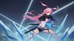  1girl black_gloves black_jacket black_shorts breasts fox_tail gloves glowing glowing_sword glowing_weapon highres holding holding_sword holding_weapon honkai_(series) honkai_impact_3rd ice jacket katana long_hair looking_at_viewer medium_breasts pink_hair purple_eyes sheath shirt shorts single_thighhigh solo stupid_goose_man sword tail thighhighs unsheathing weapon white_shirt white_thighhighs yae_sakura yae_sakura_(goushinnso_memento) 