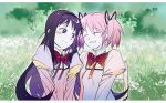  2girls akemi_homura black_hair black_hairband blush bow chair closed_eyes colored_eyelashes field flower flower_field grin hair_ribbon hairband highres kaname_madoka long_hair looking_at_another luminous_(madoka_magica) mahou_shoujo_madoka_magica mahou_shoujo_madoka_magica_(anime) mitakihara_school_uniform multiple_girls pink_hair purple_eyes red_bow red_ribbon ribbon school_uniform short_twintails sitting sleep_seaweed smile twintails yuri 