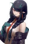  1girl alternate_hairstyle arknights black_hair black_jacket braid breasts brown_eyes collared_shirt commentary_request dragon_girl dusk_(arknights) eastern_dragon_horns green_hair green_hands green_horns hair_over_one_eye hand_on_own_chest highres horns jacket long_hair looking_at_viewer low_twin_braids medium_breasts multicolored_hair necktie nemofurai off-shoulder_jacket off_shoulder open_mouth pointy_ears red_necktie shirt sidelocks simple_background sleeveless sleeveless_shirt solo streaked_hair twin_braids two-tone_hair upper_body white_shirt 