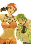  1boy 1girl ;d arm_around_neck bare_arms bare_shoulders bikini breasts double_v fingerless_gloves fire_emblem fire_emblem:_three_houses fire_emblem_heroes glasses gloves highres ignatz_victor large_breasts leonie_pinelli leonie_pinelli_(summer) looking_at_viewer navel one_eye_closed open_mouth orange_bikini orange_eyes orange_hair smile swimsuit v yusi_vishnu 