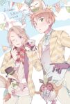  2017 2boys animal_on_head animal_on_shoulder antlers axis_powers_hetalia beak bird bird_on_head bird_on_shoulder black_hat blonde_hair blue_bow blue_bowtie blue_sky blush bow bowtie claws cloud cloudy_sky collared_shirt commentary_request cowboy_shot crown_ornament day english_text facial_hair feathered_wings flower_ornament formal_clothes france_(hetalia) gloves green_eyes green_ribbon grey_hat hands_up happy_new_year hat horns index_finger_raised jacket lapels long_sleeves looking_at_viewer looking_up male_focus multiple_boys on_head one_eye_closed open_clothes open_jacket open_mouth outdoors owl pants pink_scarf purple_gloves ribbon saku_anna scarf shirt short_hair sky smile standing string_of_flags striped_clothes striped_jacket striped_scarf striped_shirt suit suit_jacket sweatdrop t-shirt top_hat united_kingdom_(hetalia) vest white_pants white_shirt white_vest wings yellow_jacket yellow_scarf 