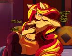 2025 angry anthro big_breasts blonde_hair blue_eyes blush book book_and_boob book_of_lust bottomwear bra breasts brennan_d_vries butt canid clothed clothing cutie_mark dialogue digital_media_(artwork) embarrassed english_text equestria_girls equid equine female friendship_is_magic hair hand_on_head hasbro hi_res holding_object horn horse long_hair looking_at_viewer mammal meme miniskirt multicolored_hair my_little_pony mythological_creature mythological_equine mythology navel nude pony ponytail ponytail_ears red_hair seductive simple_background skirt solo sunset_shimmer_(eg) tail text thick_thighs topless topless_female two_tone_hair underwear unicorn yellow_body