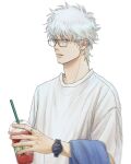  1boy bespectacled crew_neck cup disposable_coffee_cup disposable_cup drinking_straw gintama glasses grey-framed_eyewear highres holding holding_cup logo looking_at_viewer male_focus parted_lips red_eyes sakata_gintoki sanpaku shirt short_hair short_sleeves simple_background solo starbucks tmrmq towel towel_on_arm upper_body watch white_background white_hair white_shirt wristwatch 