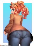  1girl absurdres aqua_eyes artist_name ass black-framed_eyewear brown_coat coat denim from_behind hair_ornament heart heart_hair_ornament highres jeans long_hair looking_back open_mouth orange_hair pants parted_lips patreon_logo pokemon pokemon_swsh side_ponytail solo sonia_(pokemon) swept_bangs wavy_hair yur1rodrigues 
