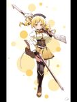  4b-enpitsu beret black_gloves blonde_hair brown_corset collared_shirt corset detached_sleeves drill_hair fingerless_gloves gloves hat highres looking_at_viewer magical_girl mahou_shoujo_madoka_magica miniskirt shirt skirt tomoe_mami tomoe_mami_(magical_girl) twin_drills white_shirt yellow_skirt 