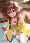  1girl :3 absurdres animal_ears blush bone_hair_ornament braid breasts brown_eyes brown_hair buttons carpet cleavage closed_mouth commentary dog_ears dog_girl dog_tail dress fangs hair_between_eyes hair_ornament hairclip highres hololive inugami_korone inugami_korone_(1st_costume) jacket large_breasts lens_flare long_hair looking_at_viewer loose_socks low_twin_braids nintendo_switch off_shoulder red_socks rozics short_dress sitting smile socks solo tail twin_braids virtual_youtuber wariza white_dress yellow_jacket 