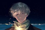  1boy aerial_fireworks black_coat blue_eyes chinese_commentary city closed_mouth coat commentary_request expressionless eyelashes fireworks floating_hair green_scarf hair_between_eyes highres holding holding_fireworks light_frown lips love_and_deepspace male_focus night night_sky ocean outdoors scarf short_hair sky solo sparkler tanxianjia_xiaomao upper_body white_hair wind xavier_(love_and_deepspace) 