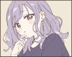  1girl black_border blush_stickers border closed_mouth grey_background hand_on_own_chin hand_up highres looking_at_viewer medium_hair namori original paper_texture purple_hair purple_shirt shirt simple_background solo swept_bangs upper_body wavy_hair yellow_eyes 