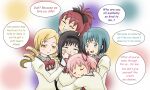  5girls akemi_homura black_bow black_hair blonde_hair blue_hair bow crying group_hug highres holy_quintet hug kaname_madoka mahou_shoujo_madoka_magica majka626 miki_sayaka mitakihara_school_uniform multiple_girls pink_hair red_hair sakura_kyoko school_uniform speech_bubble tomoe_mami 