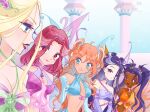  5girls alfea alternate_costume arm_ribbon asian bad_id bad_twitter_id bare_shoulders blonde_hair blue_choker blue_eyes blue_gloves blue_pupils blue_shirt blue_skirt blue_sky bottle breasts bright_pupils brown_eyes center_opening chocofish choker circlet cleavage clenched_hand closed_mouth collar collarbone commentary cornelia_hale cowboy_shot crop_top dark-skinned_female dark_skin day detached_collar double_bun dress elbow_gloves enchantix english_commentary eyelashes eyes_visible_through_hair eyeshadow fairy fairy_wings flower frilled_shirt frills glitter gloves green_ribbon hair_bobbles hair_bun hair_flower hair_ornament hair_over_one_eye hair_ribbon halter_shirt halterneck happy hay_lin high_collar highres instagram_username irma_lair light_blush light_particles lineup lipstick long_hair magical_girl makeup medium_hair midriff multicolored_hair multiple_girls navel neck_ribbon open_mouth orange_eyes orange_eyeshadow orange_hair orange_shirt orange_wings outdoors oversized_wings own_hands_together pale_skin parted_lips pink_choker pink_collar pink_eyeshadow pink_flower pink_gloves pink_hair pink_lips pink_pupils pink_ribbon pink_rose pink_shirt pink_wings purple_choker purple_dress purple_eyeshadow purple_gloves purple_hair purple_shirt purple_wings red_eyes red_lips ribbon rose school shirt sidelocks single_strap skirt skirt_set sky smile standing strapless strapless_dress streaked_hair talking tan taranee_cook teeth tower twitter_username two-tone_shirt two_side_up upper_body upper_teeth_only very_dark_skin very_long_hair w.i.t.c.h. watermark wavy_hair white_pupils will_vandom wings winx_club yellow_shirt 