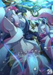  1girl air_bubble anal blue_hair bubble censored character_request copyright_request dress fellatio flat_chest gummyrise highres holding holding_wand long_hair magical_girl mosaic_censoring oral tentacle_sex tentacles triple_penetration underwater vaginal wand yellow_eyes 