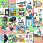  1girl :o album_cover ankle_socks arawi_keiichi bag battery bed black_cat blue_bag blue_eyes blue_hair blue_sailor_collar blue_skirt book book_stack bookshelf boombox bottle bowl brown_dog bush camera cassette_tape cat cd cd_case cd_player chabudai_(table) chair charm_(object) chopsticks clock closed_eyes closed_mouth collage colorful colorful_background computer computer_keyboard computer_tower controller cover crt crying cup cup_ramen cushion daruma_doll desk desk_lamp digital_camera dj_kazu dogeza eraser game_console game_controller hand_on_headphones hands_on_headphones hands_on_own_knees headphones highres holding holding_book holding_camera holding_chopsticks holding_controller holding_game_controller holding_pen knees_to_chest knees_up lamp laptop listening_to_music looking_down looking_up lying magical_girl monitor mug multiple_views neckerchief no_shoes office_chair open_book original pen pencil pencil_case pile_of_books pillow pink_sweater playing_games poster_(object) radio red_neckerchief rubber_duck sailor_collar school_bag school_uniform seiza serafuku shirt short_hair shoulder_bag sidelocks sitting skirt sleeping smile socks standing sticker stone_wall studying summer_uniform surprised sweater swivel_chair table taking_picture trash_can treasure_chest turntable typing vinyl_record walkman wall_clock water_bottle white_cat white_rabbit_(animal) white_shirt white_socks zabuton 