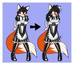 2023 absurd_res anthro apron before_and_after black_clothing black_footwear black_hair black_high_heels black_latex blue_background blush border breast_growth breasts canid canine clenched_teeth clothing digital_media_(artwork) female fletcher_fox footwear fox gender_transformation growth hair hi_res high_heels latex latex_clothing lettuce_(artist) looking_down maid_uniform male mammal mtf_transformation pigeon_toed shoes simple_background solo standing surprised tail teeth transformation uniform white_apron white_border white_clothing