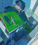  1boy absurdres androgynous awning black_shorts brown_hair building chair city day desk grass grey_shirt grey_slippers highres house ladder long_shirt lying on_back on_roof open_mouth original rooftop scenery shirt short_hair shorts slippers solo user_hach3437 wide_shot 