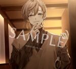  1boy black_nails black_shirt brick_wall brown_hair brown_sweater_vest collared_shirt copyright_notice cuffs ear_piercing earrings hair_between_eyes hand_on_own_chin handcuffs holding holding_handcuffs inaotteko_ze indoors jewelry kanae_(nijisanji) light_blush long_hair long_sleeves looking_at_viewer male_focus mole mole_under_eye multiple_rings nail_polish nijisanji official_art parted_lips piercing ponytail ring sample_watermark shirt short_ponytail smile smirk solo straight-on sweater_vest upper_body virtual_youtuber watermark 