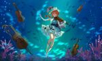  1girl air_bubble barcarola_(reverse:1999) blue_dress boots bow_(music) bubble closed_eyes coral crackling_box_(reverse:1999) double_bass dress elbow_gloves fish full_body gloves grey_gloves hands_up hat hat_feather highres holding holding_bow_(music) holding_instrument holding_violin instrument red_hair reverse:1999 school_of_fish shako_cap short_dress short_sleeves siren_baroque smile solo two-tone_dress underwater violin white_boots white_dress white_hat 