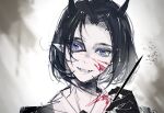  1boy androgynous black_eyeliner blood blood_on_face blue_eyes curtained_hair eyeliner fangs gloves highres holding holding_pen horns jacket jiuyujianbaishi looking_at_viewer mairimashita!_iruma-kun makeup marbas_march open_mouth pen pointy_ears portrait procreate_(medium) shirt short_hair sketch smile solo spot_color 