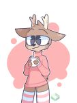 2020 4_fingers aiyhav_nouneim anthro antlers artist_logo artist_name beverage black_nose brown_body brown_fur clothing container cup deer ears_down femboy fingers fur grey_eyes holding_beverage holding_container holding_cup holding_mug holding_object horn legwear logo male mammal mug multicolored_body multicolored_clothing multicolored_fur multicolored_legwear multicolored_thigh_highs narrowed_eyes oakley_(aiyhav_nouneim) pattern_clothing pattern_legwear pattern_thigh_highs pink_background pink_clothing pink_legwear pink_sweater pink_thigh_highs pink_topwear pivoted_ears short_tail simple_background solo standing striped_clothing striped_legwear striped_thigh_highs stripes sweater tail tan_body tan_fur text thigh_highs topwear two_tone_body two_tone_clothing two_tone_fur two_tone_legwear two_tone_thigh_highs white_background white_clothing white_legwear white_thigh_highs