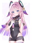  1girl :t arm_behind_back bare_shoulders black_leotard blue_eyes blush braid breasts citlali_(genshin_impact) closed_mouth cowboy_shot facial_mark fingernails floating_headgear forehead_mark genshin_impact gradient_hair hand_up headgear highres kino_(curry_pan) leotard long_hair looking_at_viewer medium_breasts multicolored_hair nail_polish pink_hair pink_pupils purple_hair purple_nails sideboob solo triangle triangle_facial_mark turtleneck turtleneck_leotard twin_braids very_long_hair white_background 