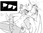 2025 2_horns 4_fingers anthro anthro_on_anthro bdsm bite bite_mark bite_mark_on_chest bite_mark_on_shoulder bite_mark_on_side black_text blush bodily_fluids bottomwear bulge bulge_fondling chazwick_thurman chest_scar clothed clothed_anthro clothed_male clothing cum cum_in_clothing cum_through_clothing demon dialogue duo english_text erection erection_under_clothing eyebrows facial_hair facial_scar fingers fish genital_fluids greyscale grin hair hair_grab head_back helluva_boss horn interspecies male male/male male_anthro marine masochism monochrome mustache neck_bite nipple_fetish nipple_pinch nipple_play open_mouth orgasm pants pinch potatonebula profanity saliva scar shark sharp_teeth short_hair signature smile snout sound_effects spade_tail spiked_tail spikes spikes_(anatomy) striker_(helluva_boss) stuttering tail tail_around_arm teeth text topless topless_anthro topless_male touching_hair wet wet_clothing