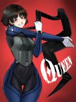  1girl absurdres ass_visible_through_thighs black_scarf blue_bodysuit blush bodysuit braid breasts brown_hair chaosoded cowboy_shot crown_braid english_commentary gloves gradient_background highres long_sleeves looking_at_viewer medium_breasts niijima_makoto outstretched_arm persona persona_5 red_background red_eyes scarf short_hair shoulder_spikes smile solo spikes stretching thigh_gap white_gloves wide_hips 
