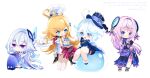  +_+ 4girls ahoge bare_shoulders black_leotard blonde_hair blue_eyes blue_gloves blue_hair blue_hat blue_jacket blue_thighhighs blush chef_hat chibi chibi_only citlali_(genshin_impact) closed_mouth commentary_request dress elbow_gloves escoffier_(genshin_impact) facial_mark floating_headgear forehead_mark furina_(genshin_impact) genshin_impact gloves hair_between_eyes hat headgear heart heart_in_eye highres holding holding_tray hoshiusagi_no_chloe jacket leotard long_hair long_sleeves looking_at_another multicolored_hair multiple_girls open_mouth own_hands_together pink_hair pink_pupils purple_eyes purple_hair signature sitting skirk_(genshin_impact) standing streaked_hair striped_clothes striped_thighhighs symbol_in_eye thighhighs tray triangle triangle_facial_mark vertical-striped_clothes vertical-striped_thighhighs very_long_hair wavy_mouth white_dress white_hair white_hat white_thighhighs 