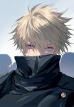  1boy badge black_jacket blonde_hair blue_sky chinese_commentary commentary_request covered_nipples day eyelashes hair_between_eyes highres inumaki_toge jacket jujutsu_kaisen male_focus messy_hair outdoors people procreate_(medium) purple_eyes short_hair sky solo tanxianjia_xiaomao turtleneck turtleneck_jacket upper_body zipper 