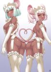  2girls absurdres animal_ears apron ass back blush bob_cut breasts closed_mouth daikokuten_(fate) daikokuten_(first_ascension)_(fate) dark-skinned_female dark_skin earrings fate/grand_order fate_(series) guriguri_(arayotto4351) hair_ornament hairclip half-closed_eyes heart heart_tail heart_tail_duo highres jewelry large_breasts looking_back mouse_ears mouse_girl mouse_tail multiple_girls naked_apron open_mouth pink_hair red_eyes short_hair small_breasts smile sweat tail twintails white_apron white_hair 