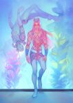  1boy 1other belt blue_skin colored_skin diver_down_(stand) fishnet_thighhighs fishnet_top fishnets full_body grey_skirt hat highres jojo_no_kimyou_na_bouken long_hair miniskirt narciso_anasui pink_eyes pink_hair plant prof_pega purple_hat skirt stand_(jojo) stone_ocean thighhighs tube upside-down white_belt white_thighhighs wristband 
