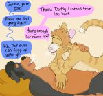 5_fingers after_sex age_difference anthro bed belly big_belly black_body black_fur black_hair black_nose bodily_fluids breath brown_body brown_fur canid canine canis chuck_(p_rindustries) daddy_kink dialogue dobermann domestic_cat domestic_dog dominant felid feline felis fingers fur furniture hair hand_on_back hand_on_face hand_on_partner hi_res lying lying_on_top male male/male mammal mature_male mullet nipples nude on_another on_another&#039;s_belly on_back on_bed on_front p_rindustries panting pink_nose pinscher pubes signature simple_background size_difference slightly_chubby speech_bubble striped_body striped_fur stripes submissive sweat tail tan_body tan_fur whisker_spots white_body white_fur will_(p_rindustries)