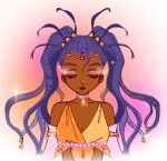  1girl alternate_costume armlet bad_id bad_twitter_id bare_shoulders border breasts chocofish choker circlet cleavage closed_eyes closed_mouth collarbone commentary crop_top dark-skinned_female dark_skin dreadlocks elbow_gloves enchantix english_commentary expressionless eyeshadow glitter gloves hair_ornament halftone highres jewelry lipstick long_hair magical_girl makeup orange_background orange_shirt pink_background pink_choker pink_eyeshadow pink_gloves purple_hair red_lips round_border shirt solo sparkle straight-on taranee_cook twintails two-tone_background two-tone_shirt upper_body very_dark_skin very_long_hair w.i.t.c.h. white_border winx_club yellow_shirt 