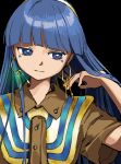  1girl black_background blue_eyes blue_hair brown_shirt buttons capelet closed_mouth collared_shirt earrings facial_mark gold_hairband hairband hand_up highres hime_cut jewelry kaigen_1025 key_earrings long_hair looking_afar michigami_nareko shirt short_sleeves simple_background single_sidelock solo striped_capelet tan touhou triangle triangle_facial_mark twitter_username upper_body yellow_capelet 