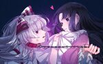  2girls anger_vein angry black_background black_eyes black_hair blush bow chain chain_leash collar from_side fujiwara_no_mokou gradient_background hair_bow heart highres hime_cut holding holding_chain holding_leash houraisan_kaguya leash long_sleeves looking_at_another mokoiscat multiple_girls open_mouth pink_shirt puffy_sleeves purple_background red_eyes shirt smile spoken_heart touhou white_hair white_shirt wrist_cuffs 