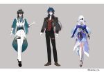  1girl 2boys absurdres ahoge asymmetrical_gloves bare_shoulders black_dress black_gloves black_hair black_jacket black_pants black_shoes black_socks black_vest blade_(honkai:_star_rail) blindfold blue_dress blue_eyes blue_gloves blue_hair blue_nails blue_shirt blue_sleeves border bow bowtie bracelet braid brown_shoes buttons closed_mouth collared_shirt colored_blindfold crescent crescent_ornament crescent_print dan_heng_(honkai:_star_rail) dan_heng_(imbibitor_lunae)_(honkai:_star_rail) detached_sleeves dragon_boy dragon_horns dress earrings eyeliner fingernails flower flower_ornament formal_clothes full_body gloves gold_bracelet gold_necklace gold_ring gradient_clothes gradient_hair grey_background grey_jacket grey_shirt hair_between_eyes hair_ornament hair_over_one_eye hand_up highres honkai:_star_rail honkai_(series) horns jacket jewelry jingliu_(honkai:_star_rail) kamino_eru lapels long_hair long_sleeves looking_at_viewer makeup mismatched_gloves multicolored_hair multiple_boys nail_polish necklace necktie official_alternate_costume official_alternate_hairstyle official_art open_clothes open_jacket pants partially_fingerless_gloves pointy_ears purple_hair red_eyeliner red_eyes red_vest seigaiha shirt shoes sidelocks simple_background single_braid single_earring sleeveless sleeveless_dress smile socks standing tassel tassel_earrings teeth thigh_strap two-tone_dress vest white_border white_bow white_bowtie white_flower white_gloves white_hair white_necktie white_pants white_vest 