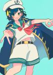  1girl absurdres anchor_symbol belt belt_buckle black_belt black_coat black_hair blue_background blush booonyanyanya buckle coat coat_on_shoulders collared_shirt feet_out_of_frame green_eyes hat highres midriff_peek murasa_minamitsu neckerchief open_mouth red_neckerchief sailor_hat shirt short_hair short_sleeves shorts simple_background solo touhou v white_hat white_shirt white_shorts 