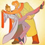  2boys beard belt blonde_hair brown_hair cabanela closed_eyes coat dancing facial_hair ghost_trick green_coat highres jowd kksns long_sleeves male_focus multicolored_hair multiple_boys necktie red_necktie scarf shared_clothes shared_scarf sideburns standing streaked_hair sweatdrop trench_coat white_coat yellow_background 