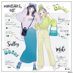  2girls animification character_doll character_name copyright_name cyclops doll genderswap green_eyes humanization james_p._sullivan meecosme mike_wazowski monster monsters_inc. multiple_girls nail_polish one-eyed pants personification sharp_teeth shirt skirt smile socks teeth 