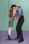  1boy 1girl amondetauro beard_stubble black_hair black_pants black_shoes blue_shirt blush facial_hair full_body green_skirt green_vest height_difference highres holding holding_pregnancy_test hug implied_pregnancy interface_headset_(evangelion) jewelry kaji_ryouji kiss long_hair marriage_proposal mature_male necktie neon_genesis_evangelion orange_hair pants ponytail pregnancy_test red_necktie ring school_uniform shirt shoes skirt socks souryuu_asuka_langley standing stubble tiptoe_kiss tiptoes tokyo-3_middle_school_uniform vest wedding_ring white_shirt white_socks wide-eyed 
