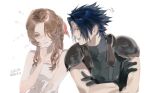  +++ 1boy 1girl aerith_gainsborough armor artist_name bare_shoulders black_gloves black_hair blush brown_hair commentary crisis_core_final_fantasy_vii crossed_arms dated dress final_fantasy final_fantasy_vii gloves hair_ribbon highres long_hair looking_at_another lucis0407 parted_bangs parted_lips pink_ribbon ribbon short_hair shoulder_armor sidelocks simple_background sleeveless sleeveless_turtleneck spaghetti_strap spiked_hair suspenders sweater turtleneck turtleneck_sweater upper_body white_background white_dress zack_fair 